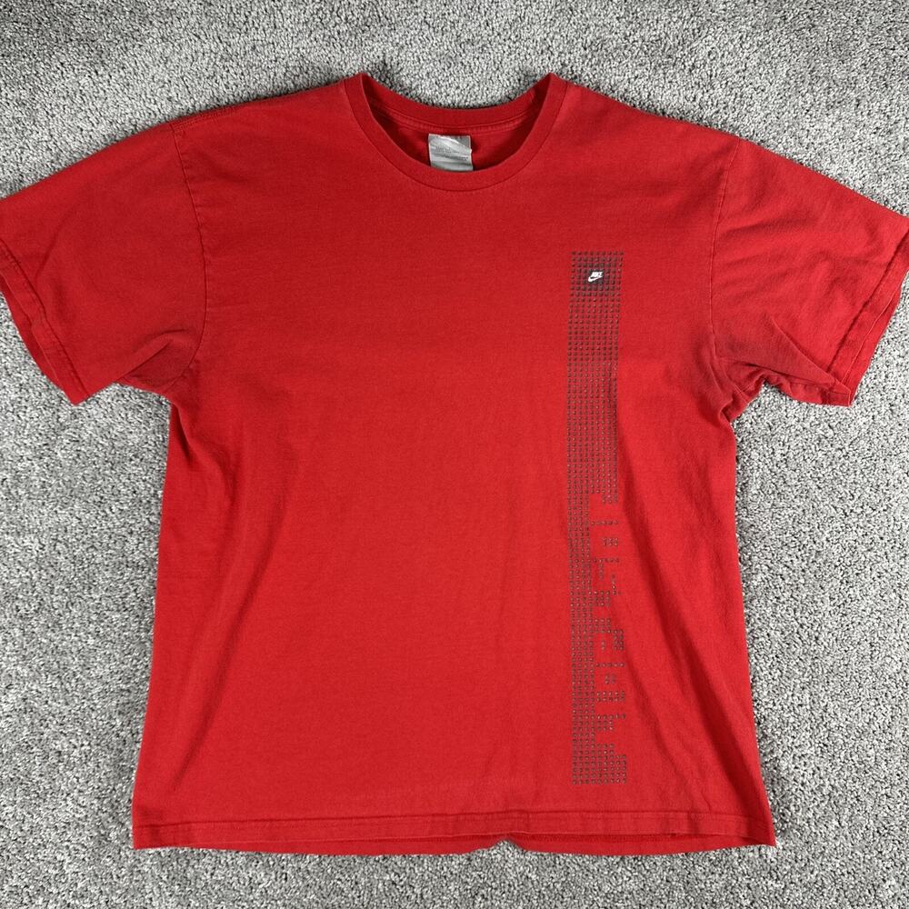 Vtg Nike Shirt Mens L Red Double Sided Spellout Logo T-Shirt Silver Tag Y2K